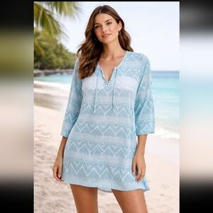 Portocruz Blue Ombré 3/4 Sleeve Lace Up Tunic Swimsuit Cover-up Beach Cruise XXL